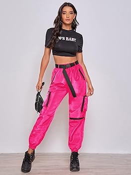 UNBIT Women's Pants Neon Orange Zipper Patch Pocket Push